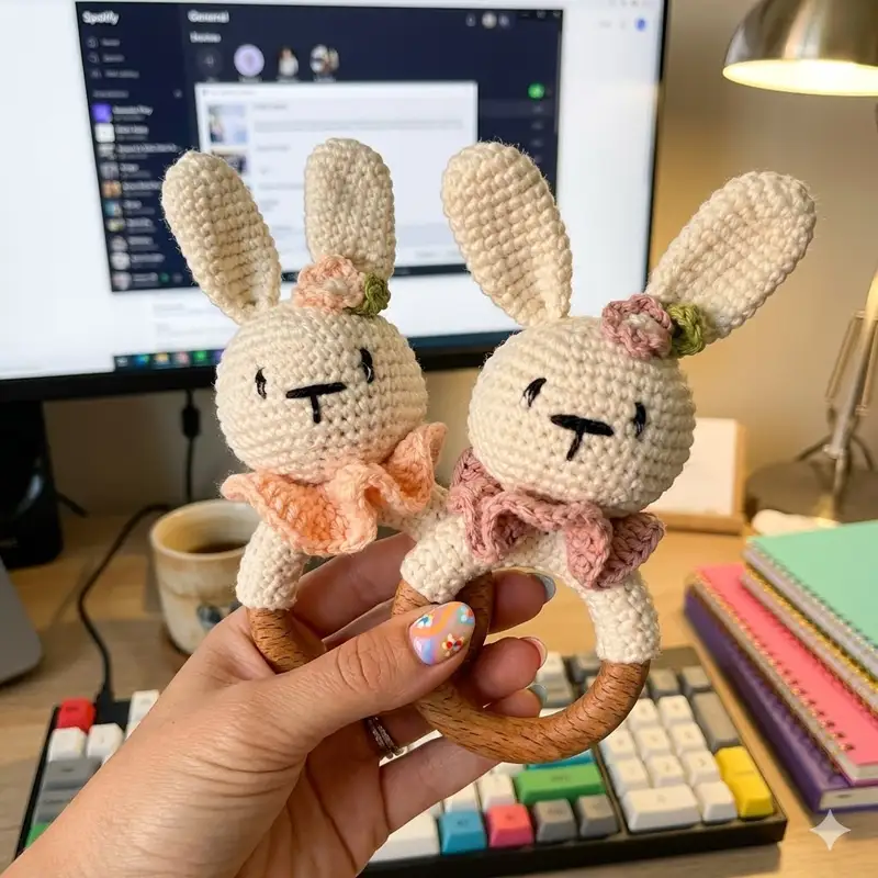 Complimentary Intermediate crochet pattern: Bunny Baby Rattle with Teether Ring Amigurumi Pattern - Simple to follow guide