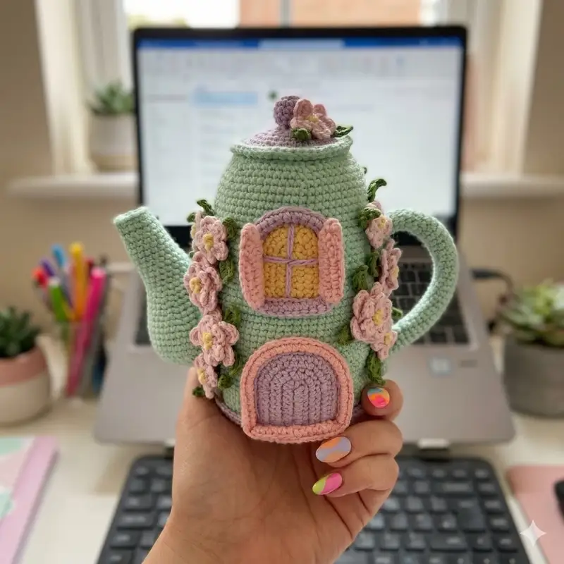 Complimentary Intermediate crochet pattern: Spring Teapot House Amigurumi Pattern - Simple to follow guide
