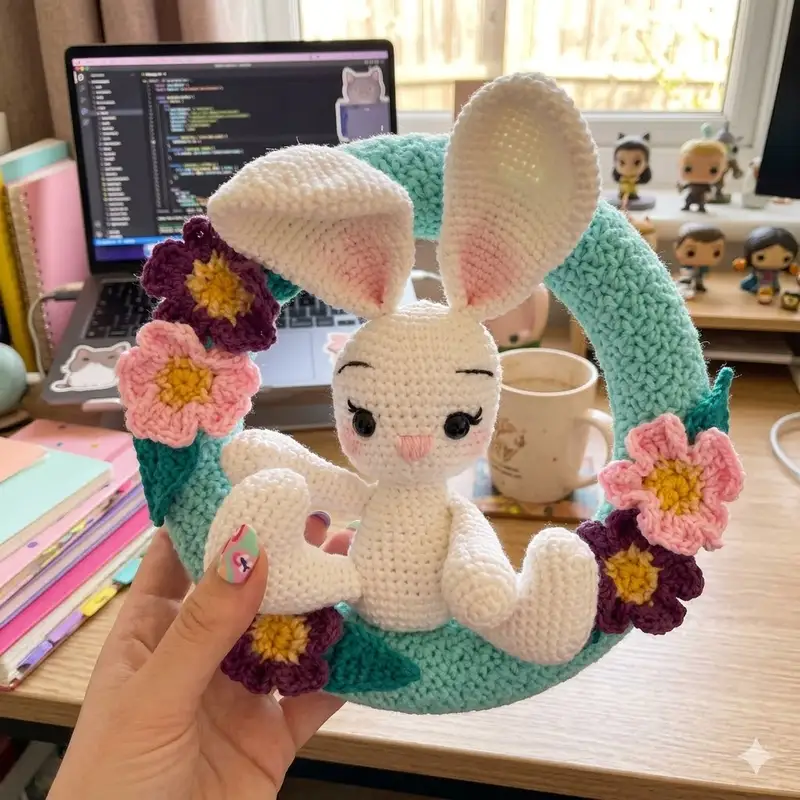 Complimentary Intermediate crochet pattern: Hoppy Spring Wreath Crochet Pattern - Simple to follow guide