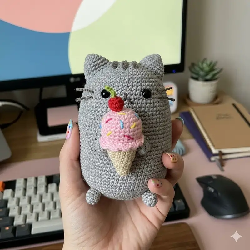 Quality crochet pattern: Pusheen Cat with Ice Cream Amigurumi Pattern - Intermediate level guide with complete instructions