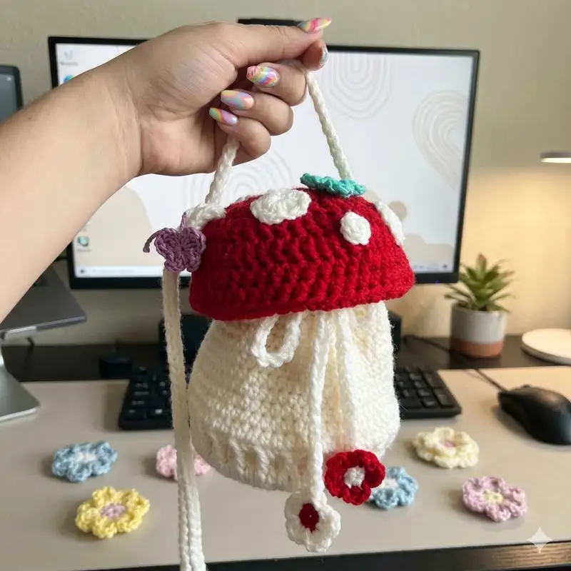 Complimentary Intermediate crochet pattern: Mushroom Bag Pattern - Simple to follow guide