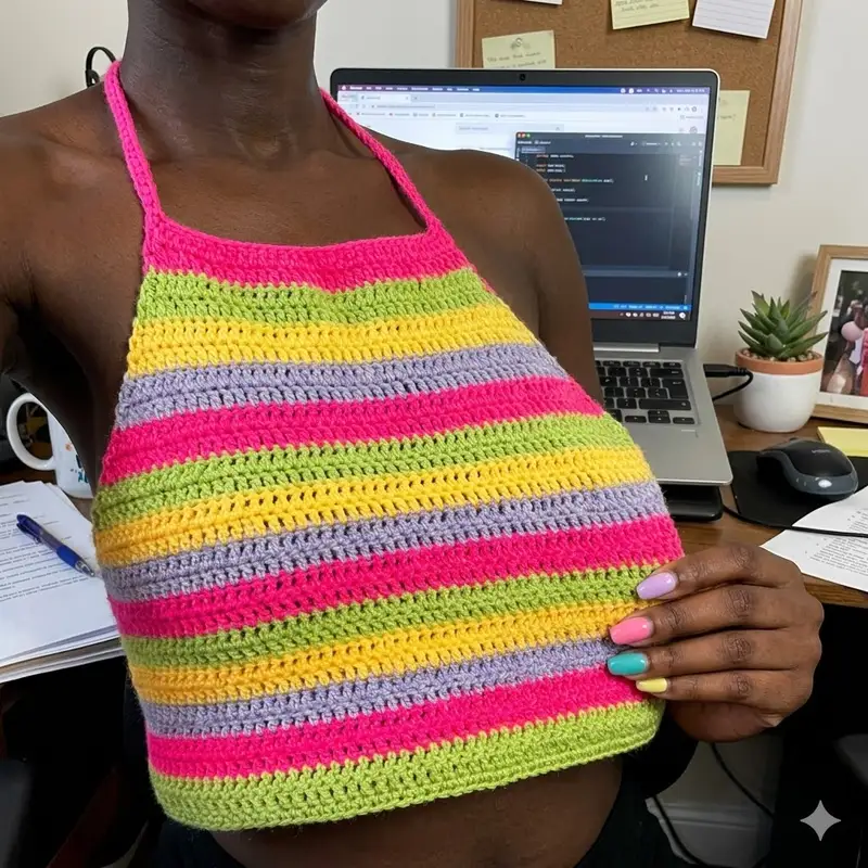 Complimentary Beginner Friendly crochet pattern: CROCHET BRIGHT STRIPES HALTER TOP Pattern - Simple to follow guide