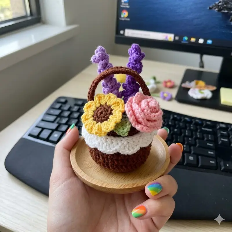 Complimentary Intermediate crochet pattern: Mini Flower Basket & Flowers Amigurumi Pattern - Simple to follow guide