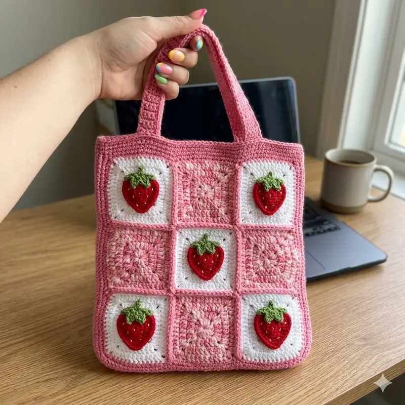 Complimentary Intermediate crochet pattern: Strawberry Tote Bag and Drawstring Pouch Crochet Pattern - Simple to follow guide