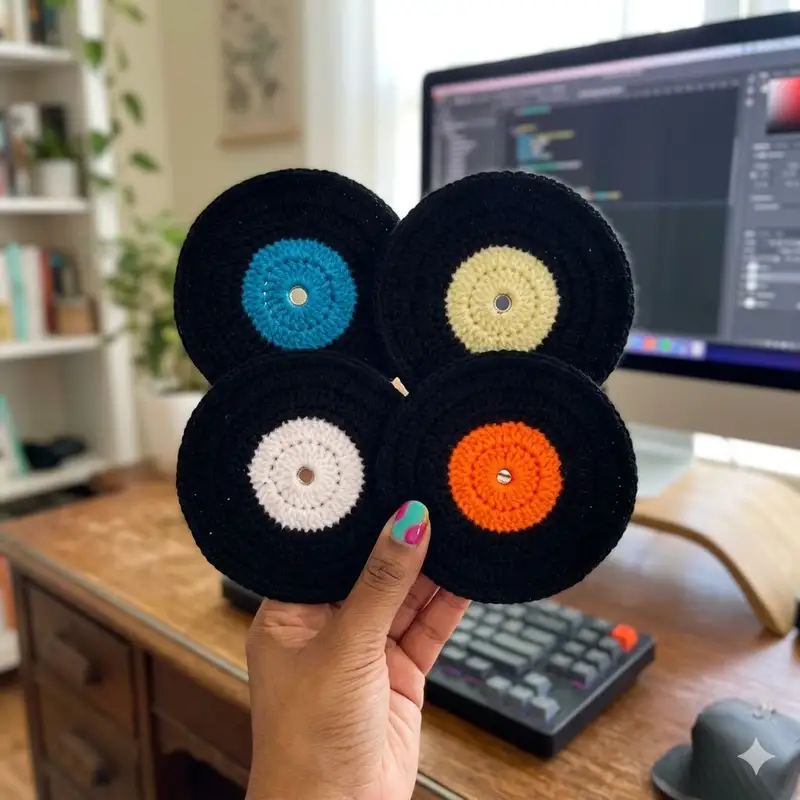 Complimentary Beginner Friendly crochet pattern: Vinyl Record Coasters Pattern - Simple to follow guide