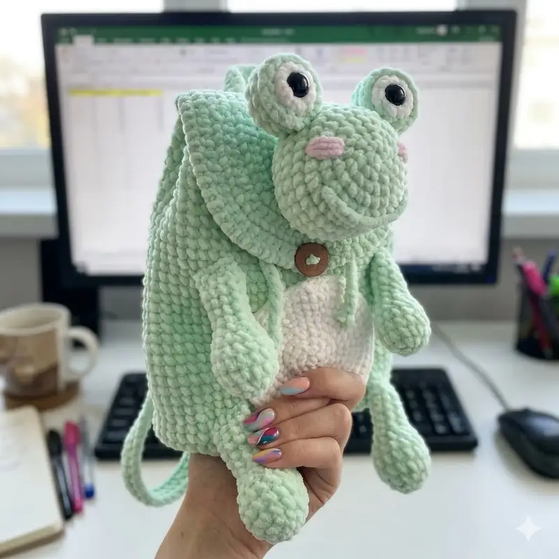 Complimentary Intermediate crochet pattern: Plush Backpack Frog Amigurumi Pattern - Simple to follow guide