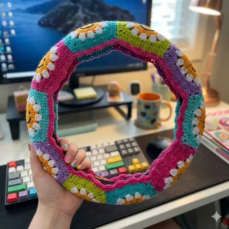 Complimentary Intermediate crochet pattern: Smiley Face Steering Wheel Cover Pattern - Simple to follow guide
