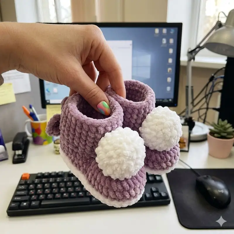 Complimentary Beginner Friendly crochet pattern: Plush Booties with Pompoms Pattern - Simple to follow guide
