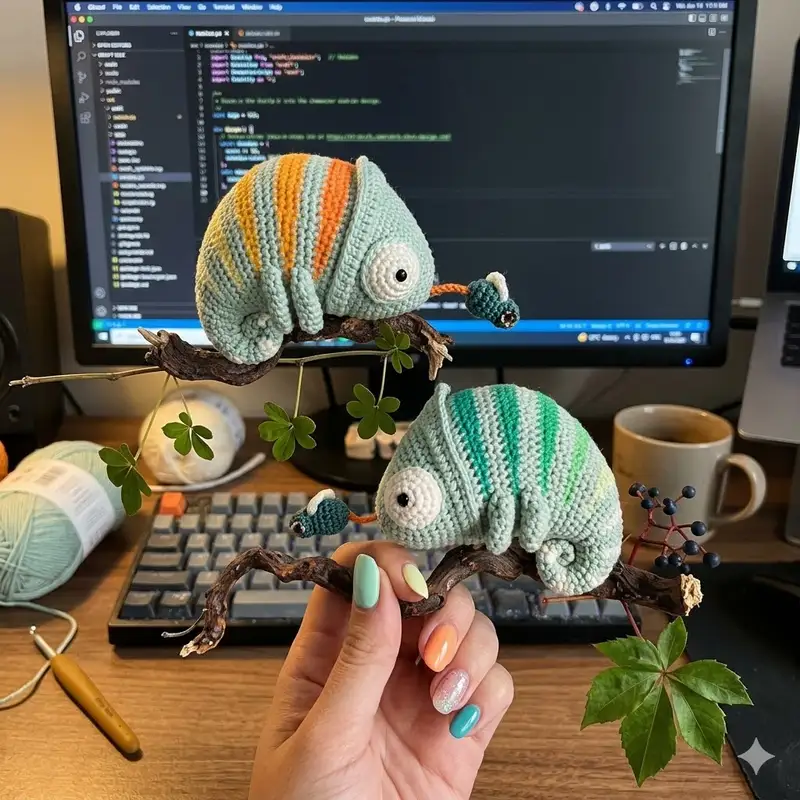 Complimentary Intermediate crochet pattern: Chameleon Conrad Musical Toy Amigurumi Pattern - Simple to follow guide